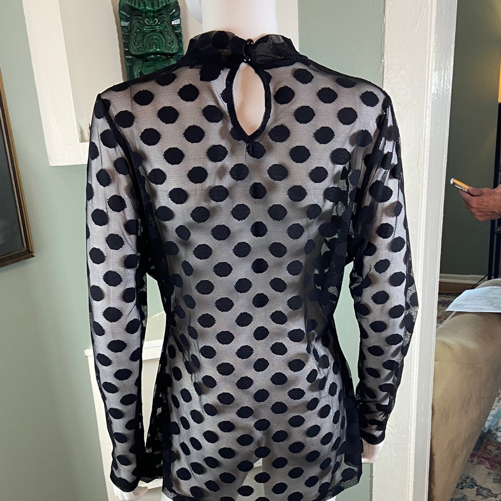 Lane Bryant mesh stretch Black Polka Dot Sheer Blouse 14/16 mock neck - Picture 11 of 13